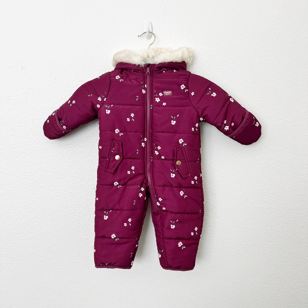 [OshKosh B'gosh] Purple Floral Pram Snow Suit Faux Fur Trim Hood Sz 6-9M Girls'